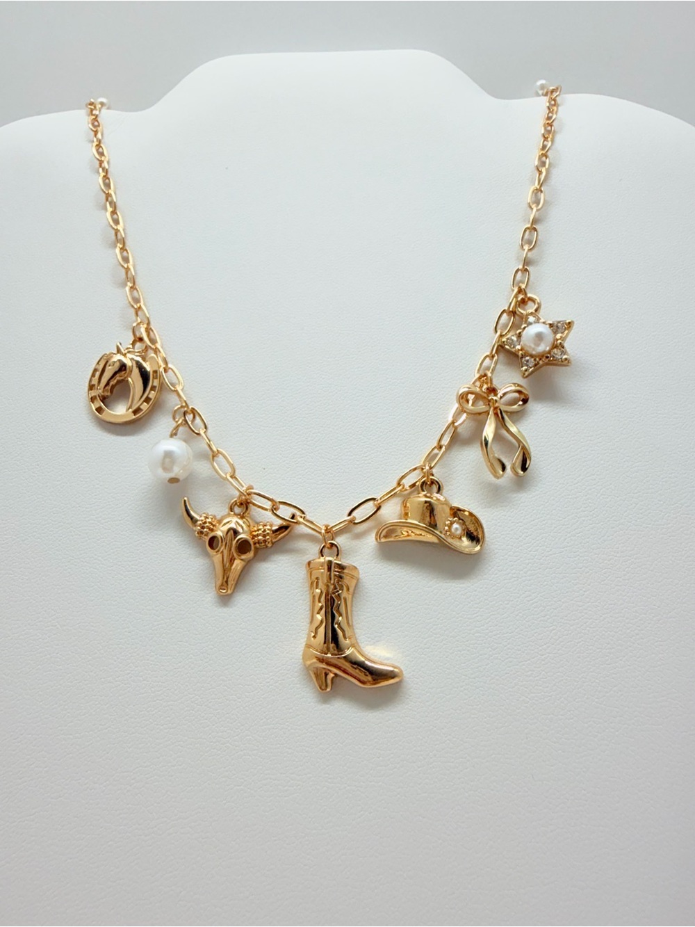 Gold Western Charm Necklace with Boot, Hat & Star Charms